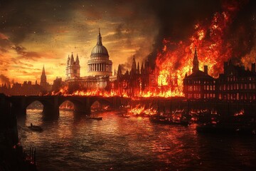 Fototapeta premium A dramatic depiction of a city engulfed in flames at sunset, showcasing chaos and destruction.