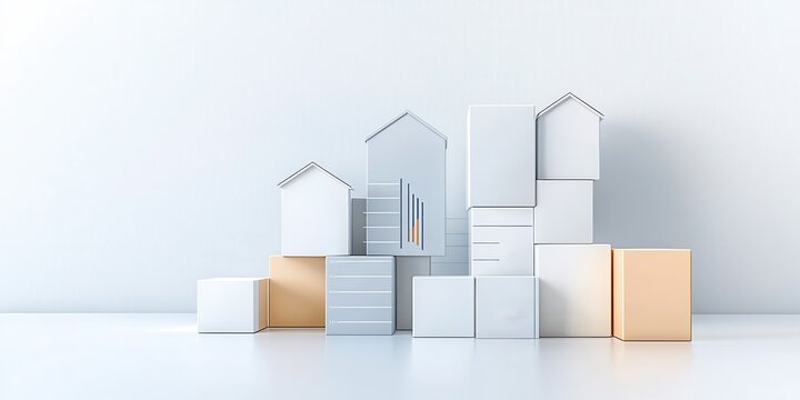 Minimalist display of white and neutral boxes resembling abstract houses on a light background.