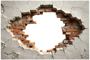 Cracked Brick Wall With Large Hole Isolated on Transparent Background