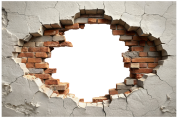 Cracked Brick Wall With Large Hole Isolated on Transparent Background