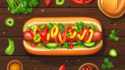 A delicious hot dog with vibrant toppings including mustard, ketchup, and fresh herbs, set against a rustic wooden background.