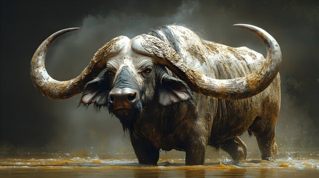 A large, dirty buffalo is standing in a muddy river