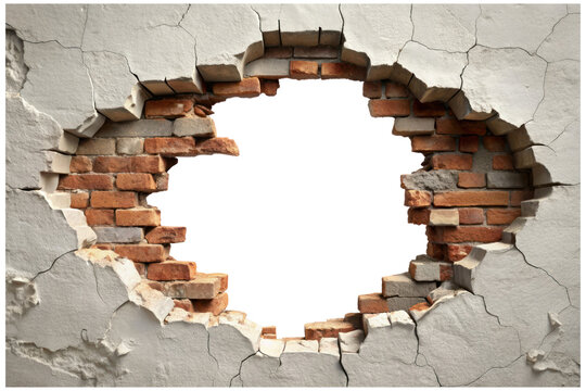 Cracked Brick Wall With Large Hole Isolated on Transparent Background