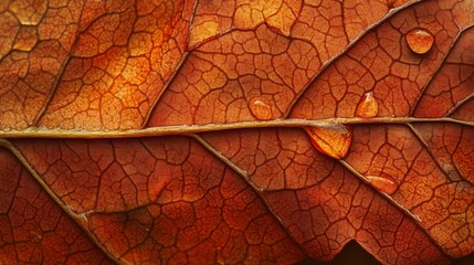 Autumn Leaf Veins Dewdrops Close Up Macro