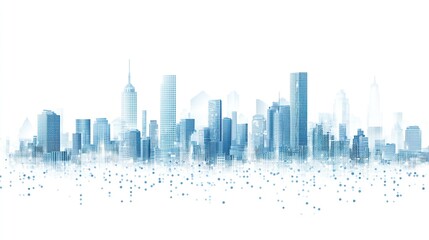 Obraz premium Modern digital city skyline composed of light blue dots on white background, flat design minimalistic vector illustration, simple shapes high resolution no shadows gradients or noise.