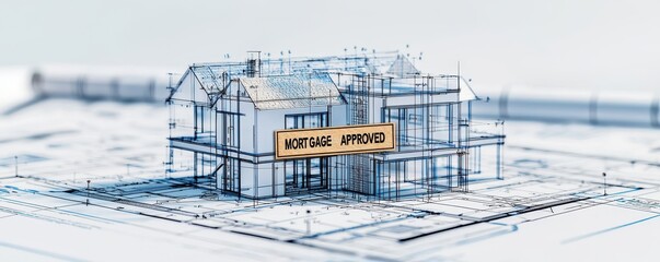 Obraz premium 3D architectural blueprint of a house under construction with a sign indicating 