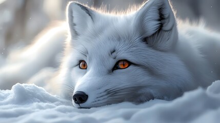 A white fox with orange eyes is laying in the snow