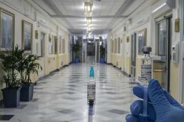 Sterile Hospital Corridor with Medical Supplies and Safety Precautions Amidst COVID 19 Pandemic