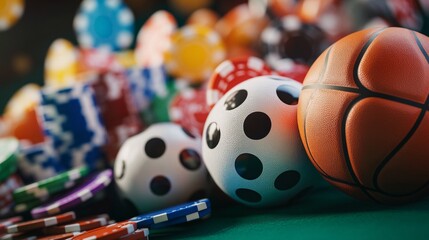 Colorful assortment of gambling chips, dice, and sports balls against a vibrant green background.