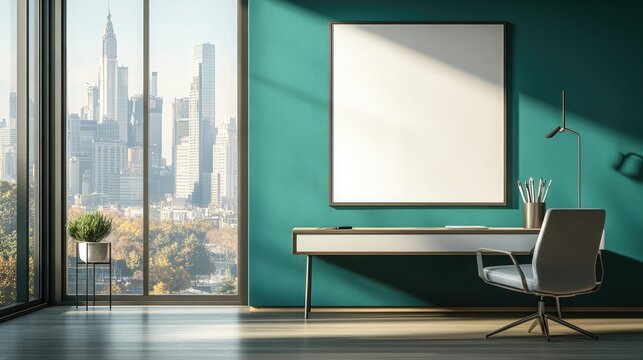 A contemporary home office with a blank poster on a teal accent wall, a sleek desk, and a modern office chair. The large windows reveal a city skyline.