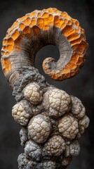 A textured, spiraled object resembling a natural formation with orange highlights.