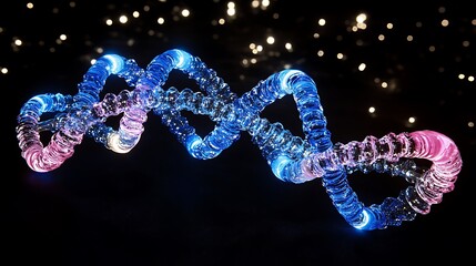 Glowing DNA double helix structure on dark background.
