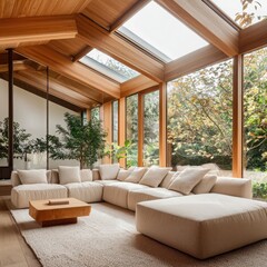 Cozy eco-friendly home interior design urban environment living room inspiration sustainable materials natural light concept