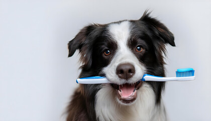 Puppy white and black colour border collie dog holding toothbrush in mouth isolated on white background.