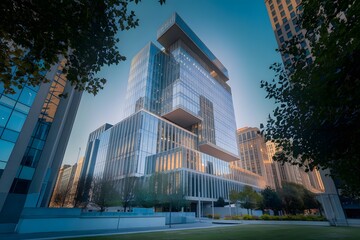 exterior of a magnificent office building in the city, low angle view of tall buildings.