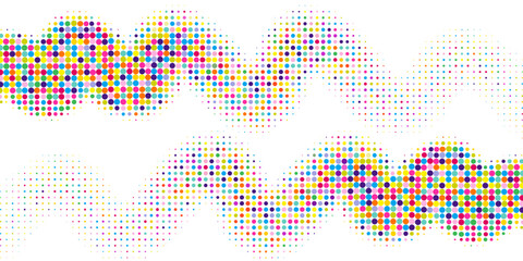Fototapeta premium Playful Halftone Waves Isolated on White Background with Colorful Dots. Pop art comic design perfect as banner, wallpaper