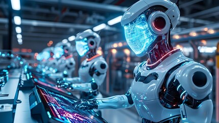 Fototapeta premium robots working on futuristic interface - artificial intelligence (a.