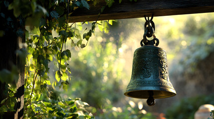 Ancient Bronze Bell Amidst Verdant Garden Vines Under a Gentle Sunlit Canopy