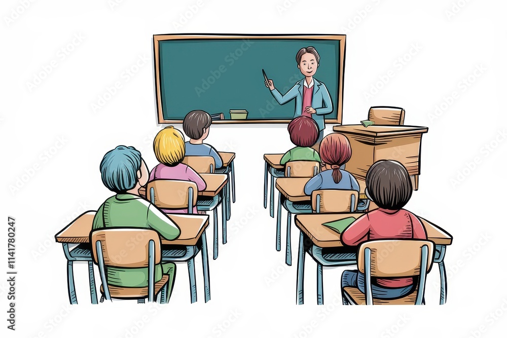 Poster teacher instructing students in a classroom setting