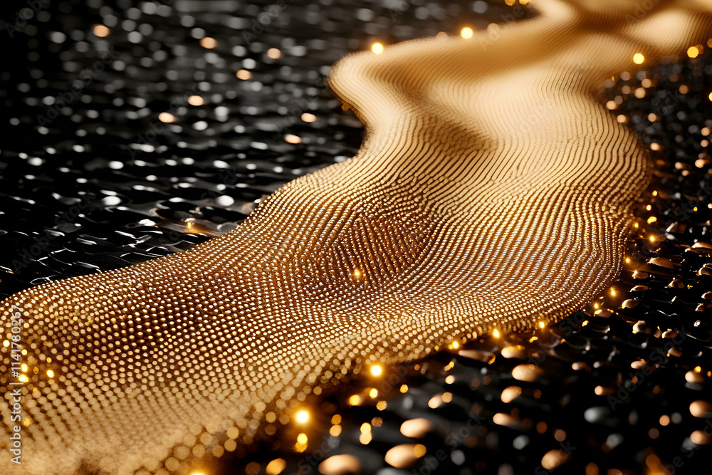 Poster abstract gold wave texture on dark background with sparkling lights.