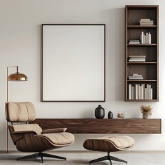 Modern living room with armchair, ottoman, bookshelf, and large blank canvas.