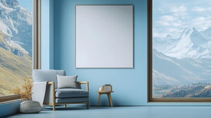 A serene reading nook with a blank poster on a pastel blue wall, a cozy armchair, and a small wooden side table. The large windows frame a panoramic mountain view.