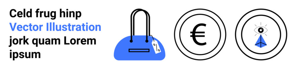 Blue shopping bag with price tag, Euro symbol in black circle, and security eye icon on white background. Ideal for e-commerce, pricing, shopping, currency, security branding marketing. Landing