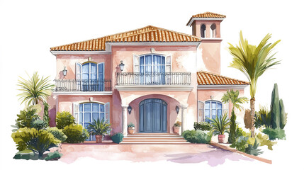 Fototapeta premium Luxurious Mediterranean villa with terracotta roof and lush greenery
