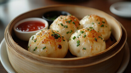 A serving of Chinese dumplings in a bamboo steamer with dipping sauces on the side
