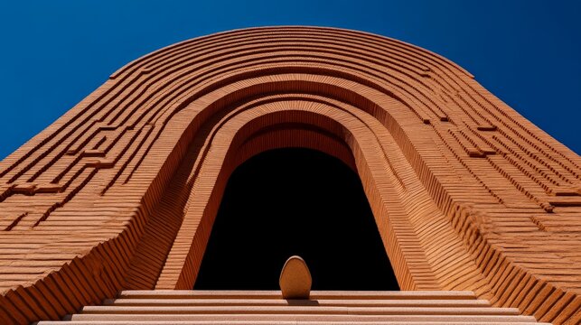Majestic Brick Archway: Low angle view of a striking terracotta brick structure, featuring a large arched entryway and intricate geometric patterns. - Powered by Adobe