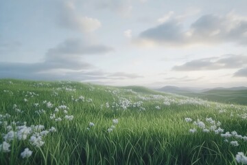 Fototapeta premium Gentle, rolling hills covered in lush green grass and scattered white flowers under a soft, cloudy sky at dawn.