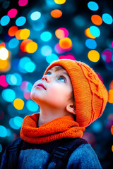 A little boy wearing a knitted hat and scarf looking up at the sky