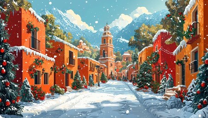 A cartoon-style Christmas background illustration of an ancient Spanish town with decorated buildings, a clear sky, and a snowy landscape. 
