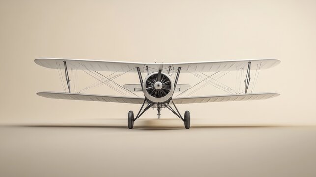 Vintage biplane aircraft, front view, against a neutral beige background.