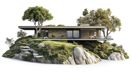 modern hillside house surrounded by lush greenery and rocks