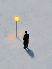 A solitary figure in a coat stands beneath a glowing lamppost, casting a long shadow on the snowy ground, evoking a sense of contemplation and solitude.