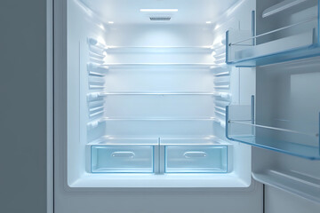 Fototapeta premium Refrigerator open empty fridge inside interior. close up on empty refrigerator with door open. New clean refrigerator