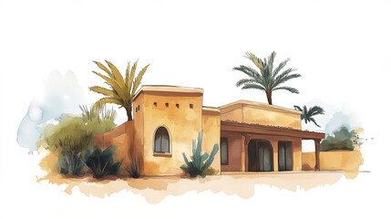 Fototapeta premium minimalist desert house with exotic design, surrounded by palm trees