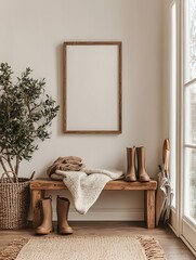Rustic entryway with wooden bench, boots, blanket, plant, and blank frame.