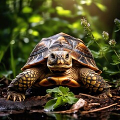 Obraz premium the AI Image Generator, Turtle Posing Near A Reflective Pond