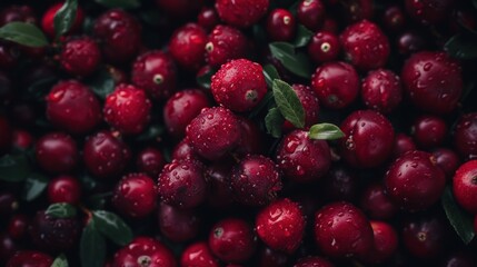A close-up of fresh, red cranberries, glistening with water droplets and surrounded by green leaves.