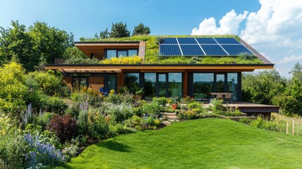 Eco-friendly home with solar panels and green roof in serene nature architectural design sustainable living