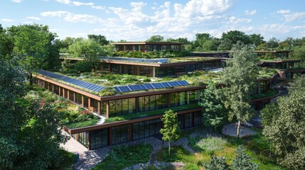 Eco-friendly school design with solar panels and green roofs urban environment architectural concept sustainable future