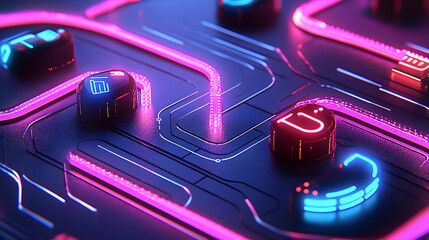 Abstract neon circuit board with glowing nodes and pathways.