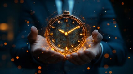Office time management businessman and glowing clock in digital art