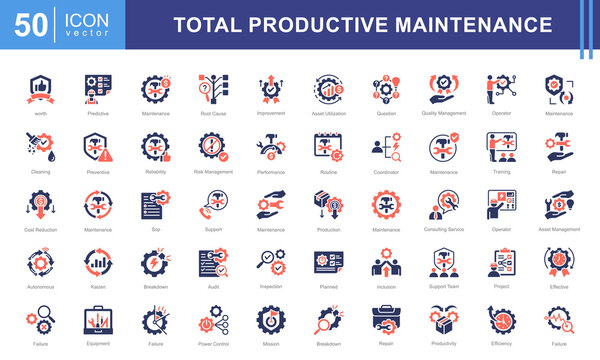 Total productive maintenance icon collection set. Containing equipment, break, reliability, time, inspection, efficiency, preventive icon.