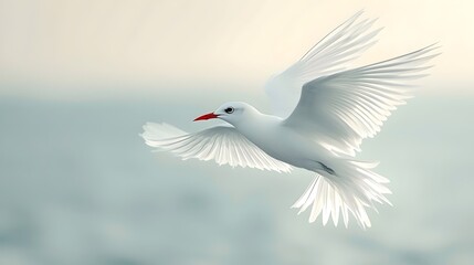 Fototapeta premium A white bird with red beak flying over the ocean
