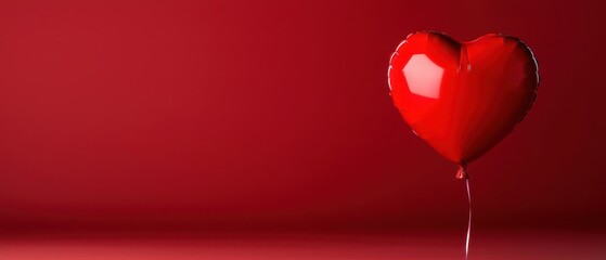 Minimalist Valentine's Day poster layout concept. A shiny red heart balloon against a solid red background, evoking love and celebration.