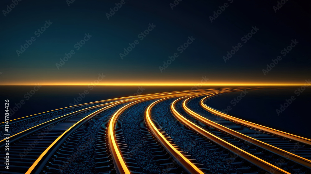Poster a mesmerizing view of illuminated railway tracks curving into the horizon at dusk, showcasing a blen