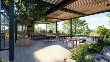Elegant eco-friendly fine dining restaurant experience in a lush outdoor setting with sustainable design concepts
